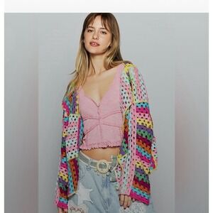 POL Long Sleeved Multicolor Crochet Cardigan one size